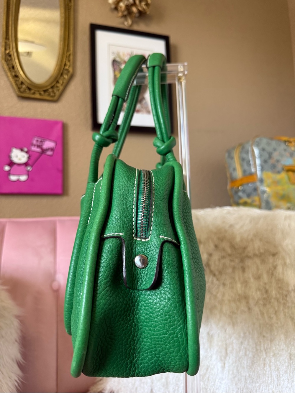 HOGAN Kelly Green Leather Dome Satchel Bag w Knots &Loop Details Silver Hardware - Picture 3 of 16
